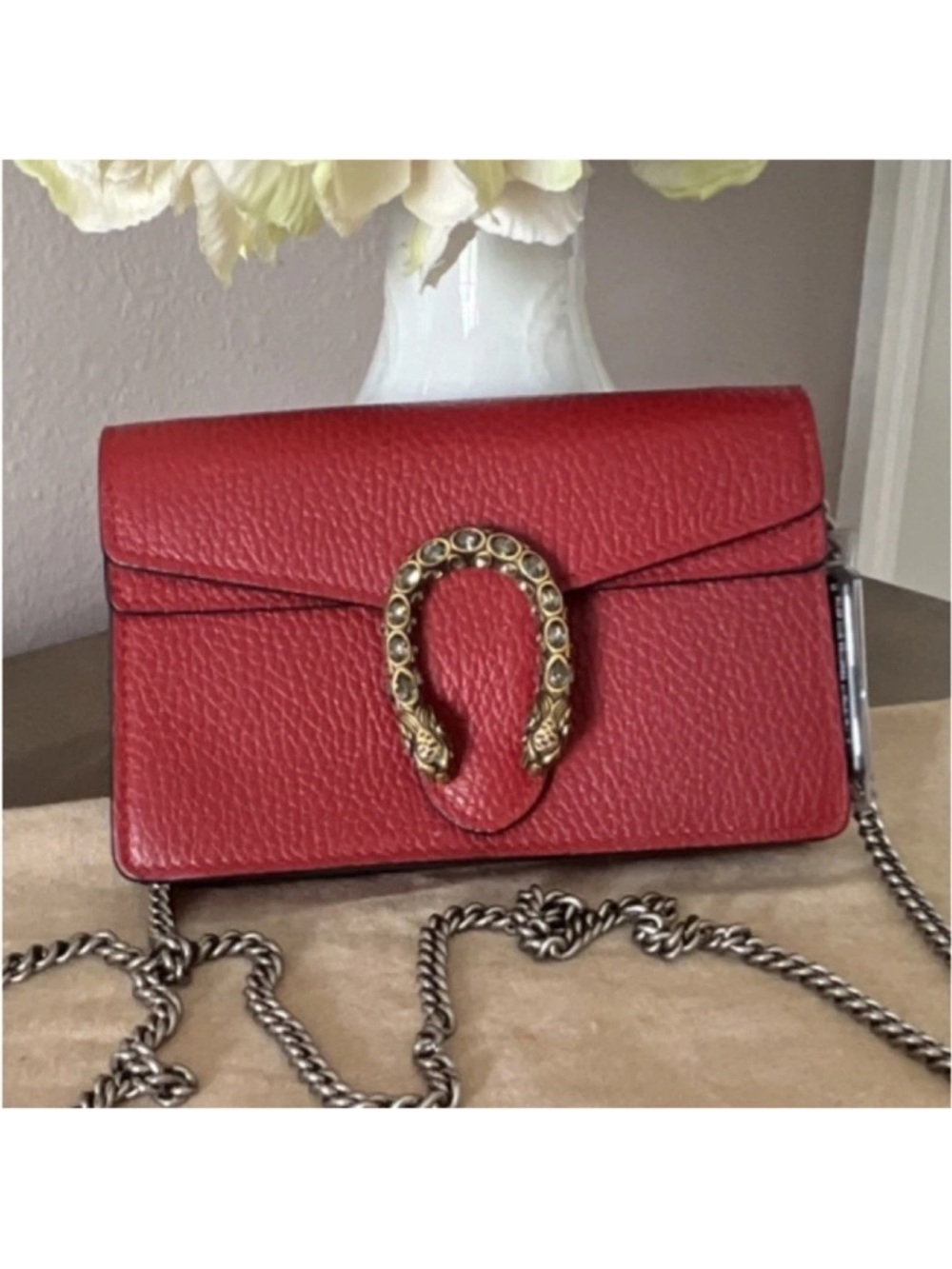 Gucci Super Mini Dionysus Red Pebbled Leather Crossbody Bag with Gold Hardware
